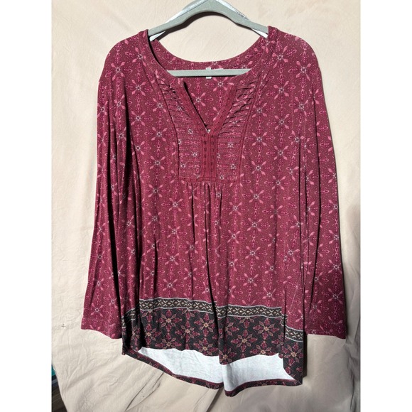 Daniel Rainn Tops - Daniel Rainn Women's XL Burgundy Floral Pintuck Pleat Split Neck Blouse